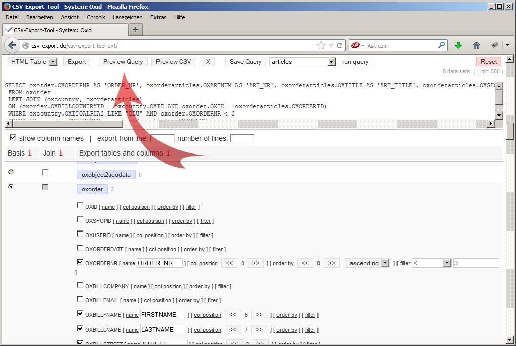 Optional preview of mySQL query