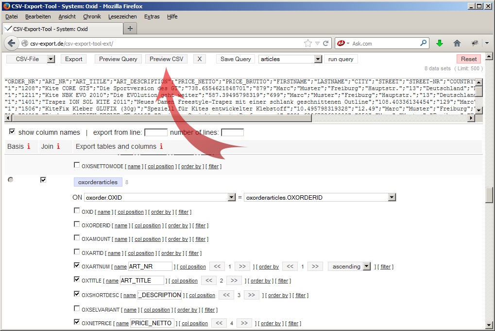 Optional preview as CSV file