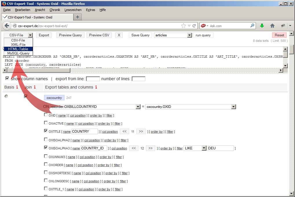Select the export format