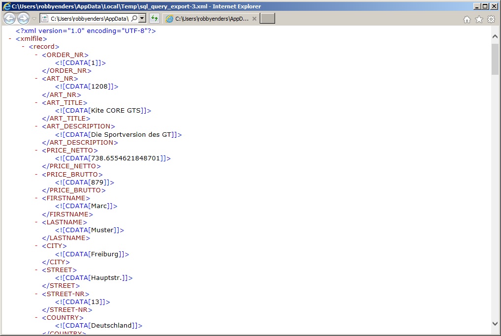 Exported XML file open in Iinternet Explorer