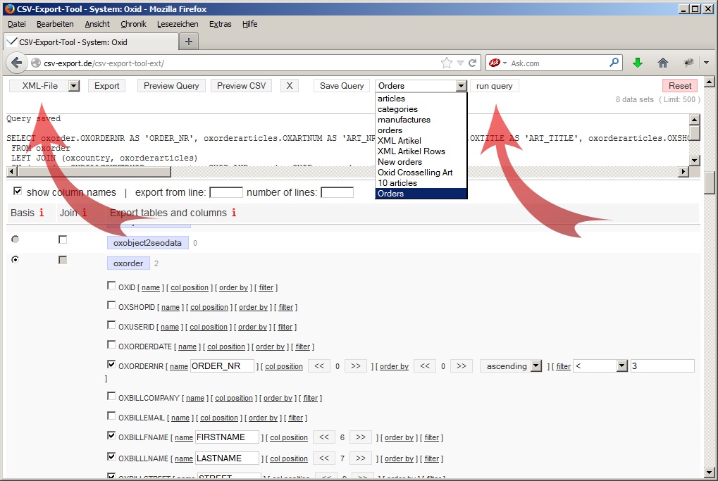 Executing the stored MySQL query and setting the output format