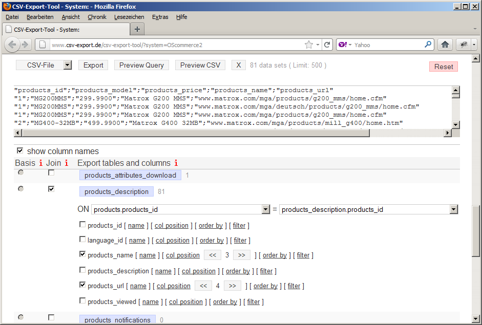 Screenshot data export tool for osCommerce online shop.