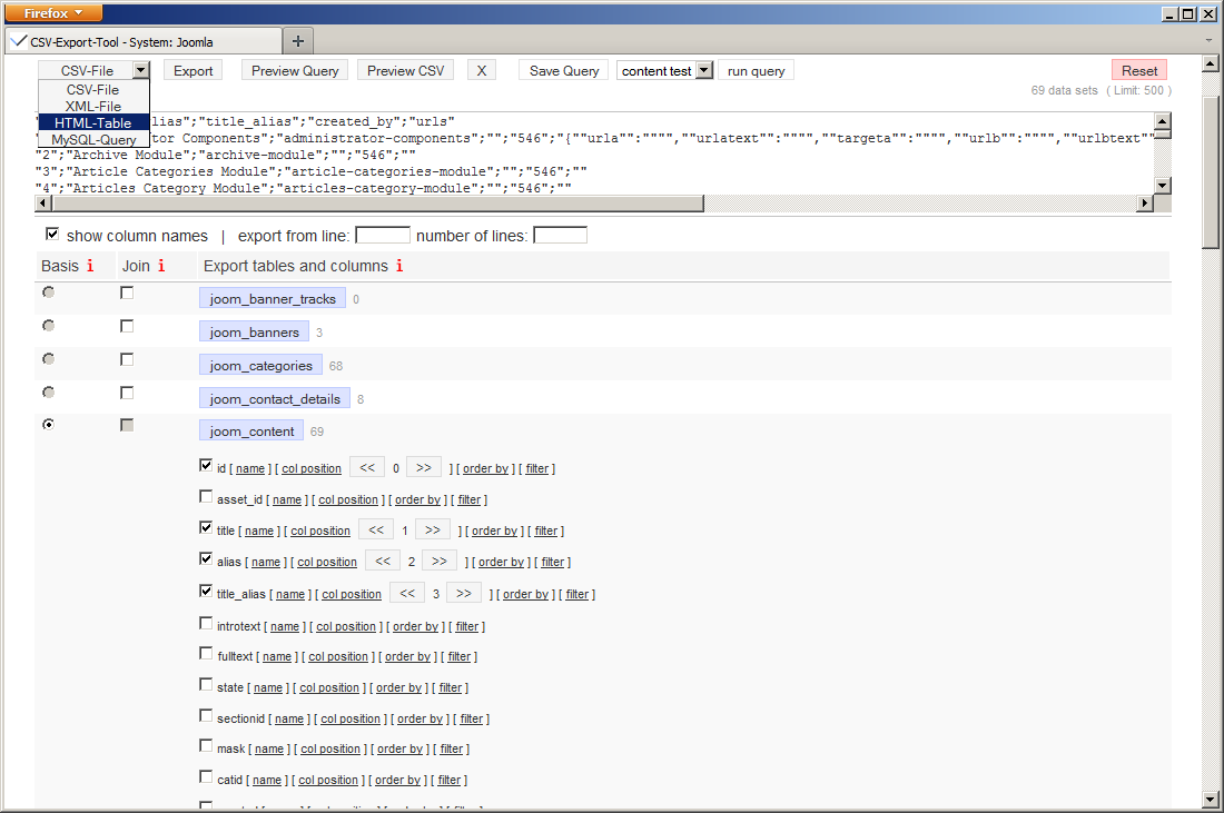 Screenshot data export tool for CMS Joomla.